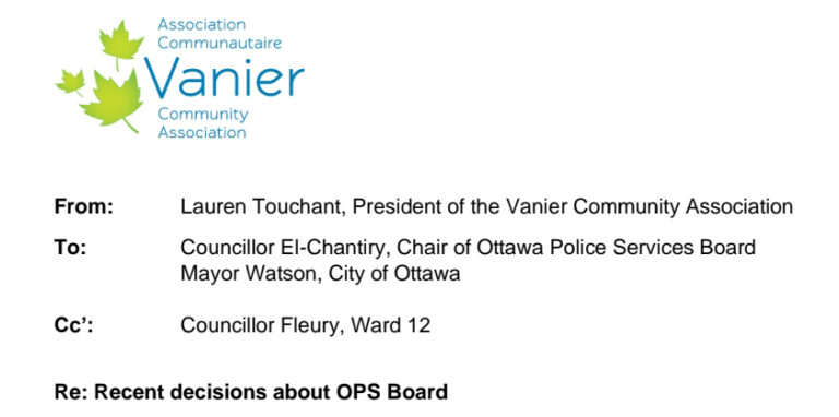 Letter from the VCA to Ottawa Police Services Board