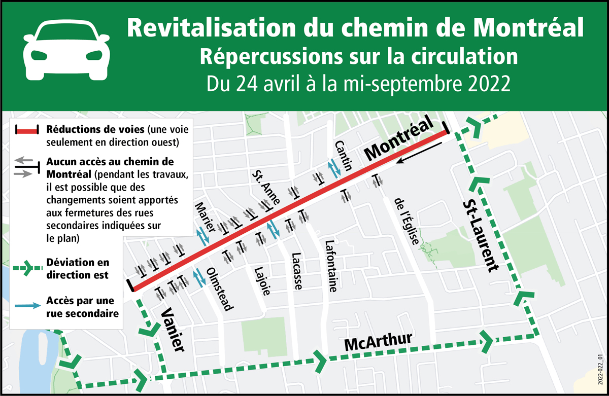 Carte: Revitalisation du chemin de Montréal Répercussions sur la circulation du 24 avril à la mi-septembre 2022