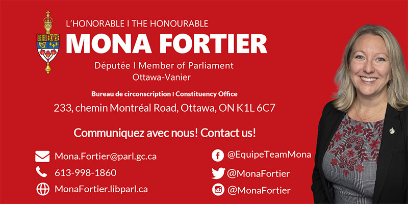 Carte de contact de l'honorable Mona Fortier, députée fédérale. Comprend une photo d'elle en médaillon, ainsi que ses coordonnées.  