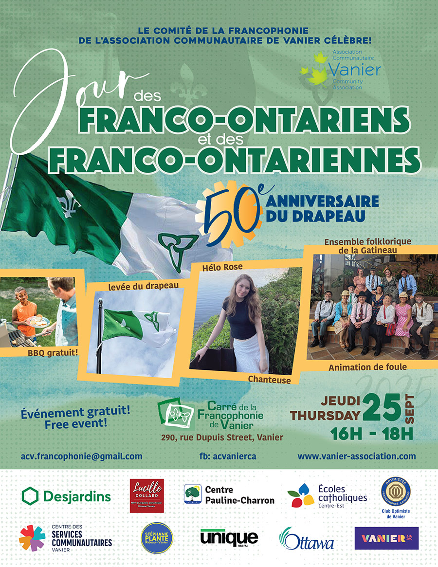 Affiche de la fête de Jour des Franco-Ontariens et des Franco-Ontariennes, avec les artistes Hélo Rose et l'Ensemble folklorique de la Gatineau